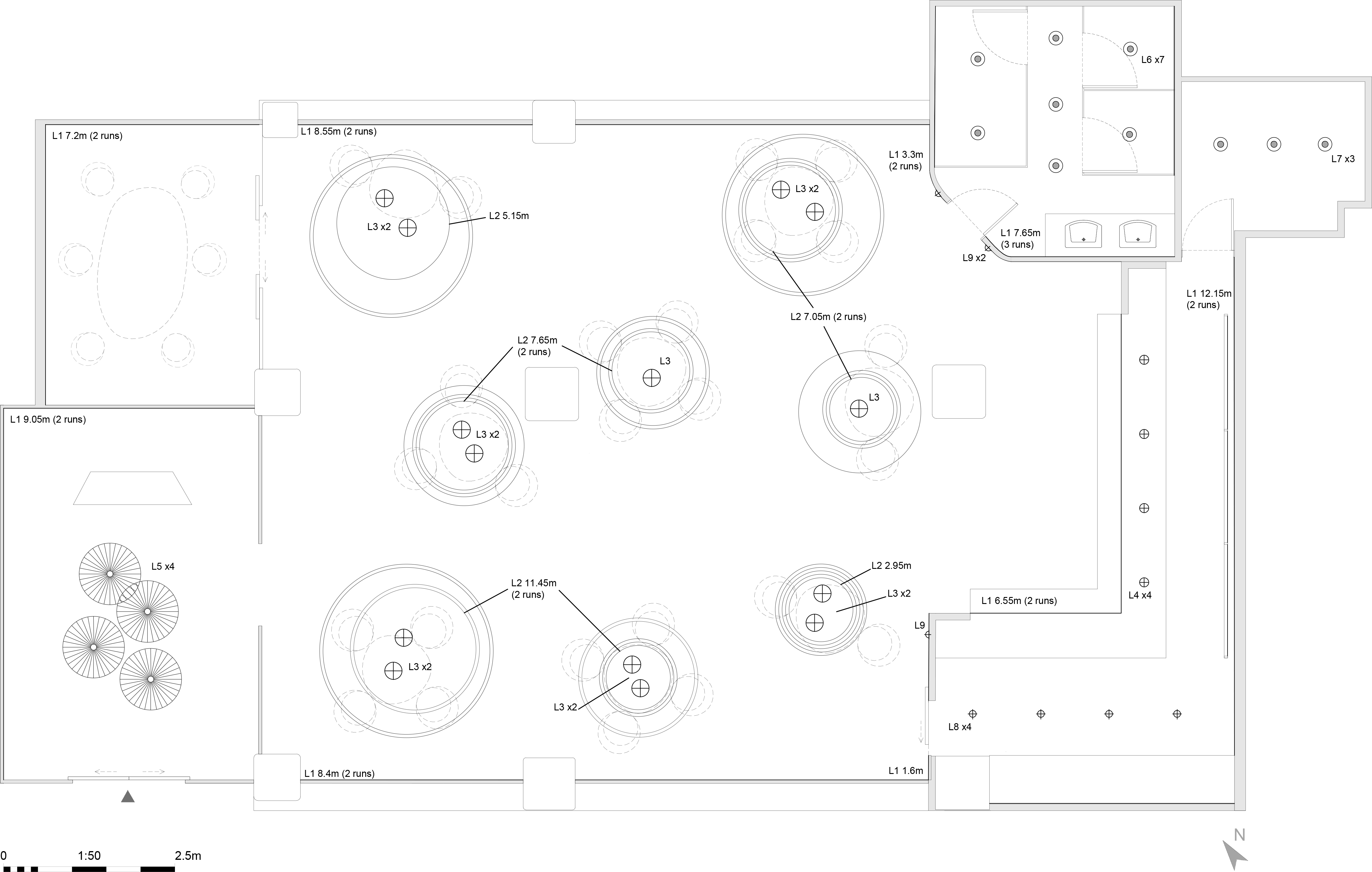 Tsukimi reflected ceiling plan, scale 1:50, with luminaires tagged L1 to L9.