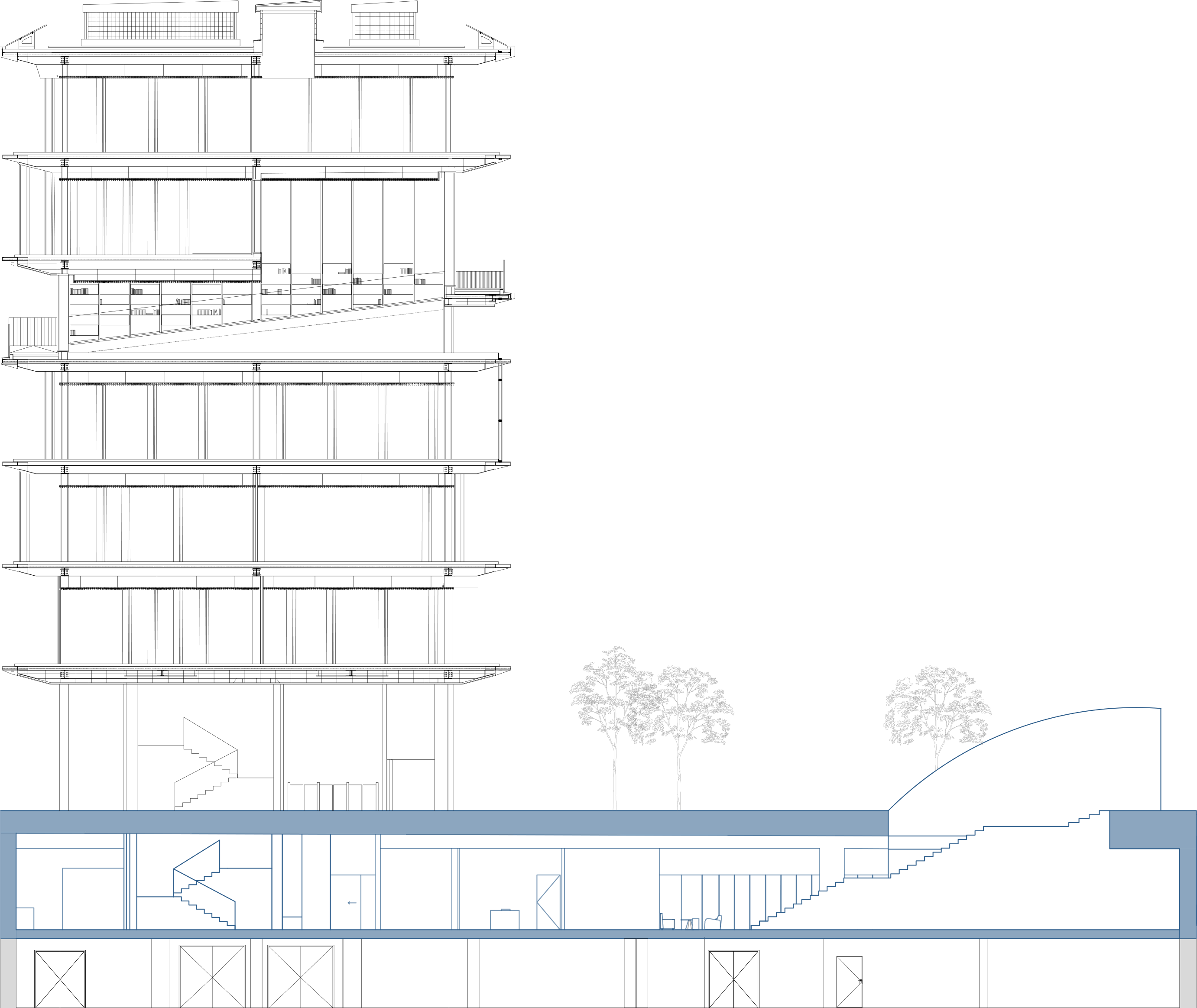 Section B–B′: the university building above and the basement workspace, with the main stair rising to the plaza.