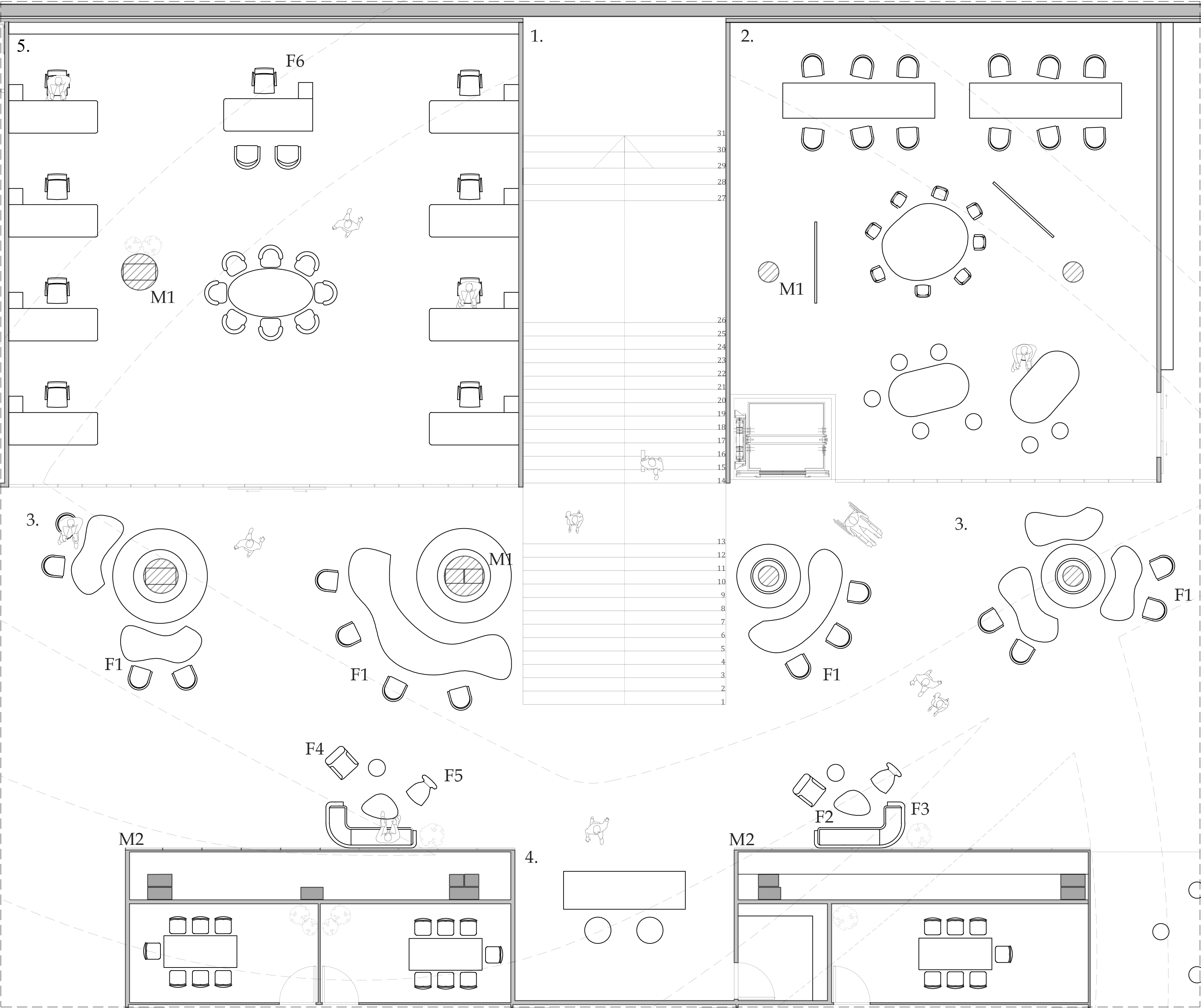 Central core detail plan, NodeZen HQ, scale 1:100, tagged with materials M1–M2 and furniture F1–F6.